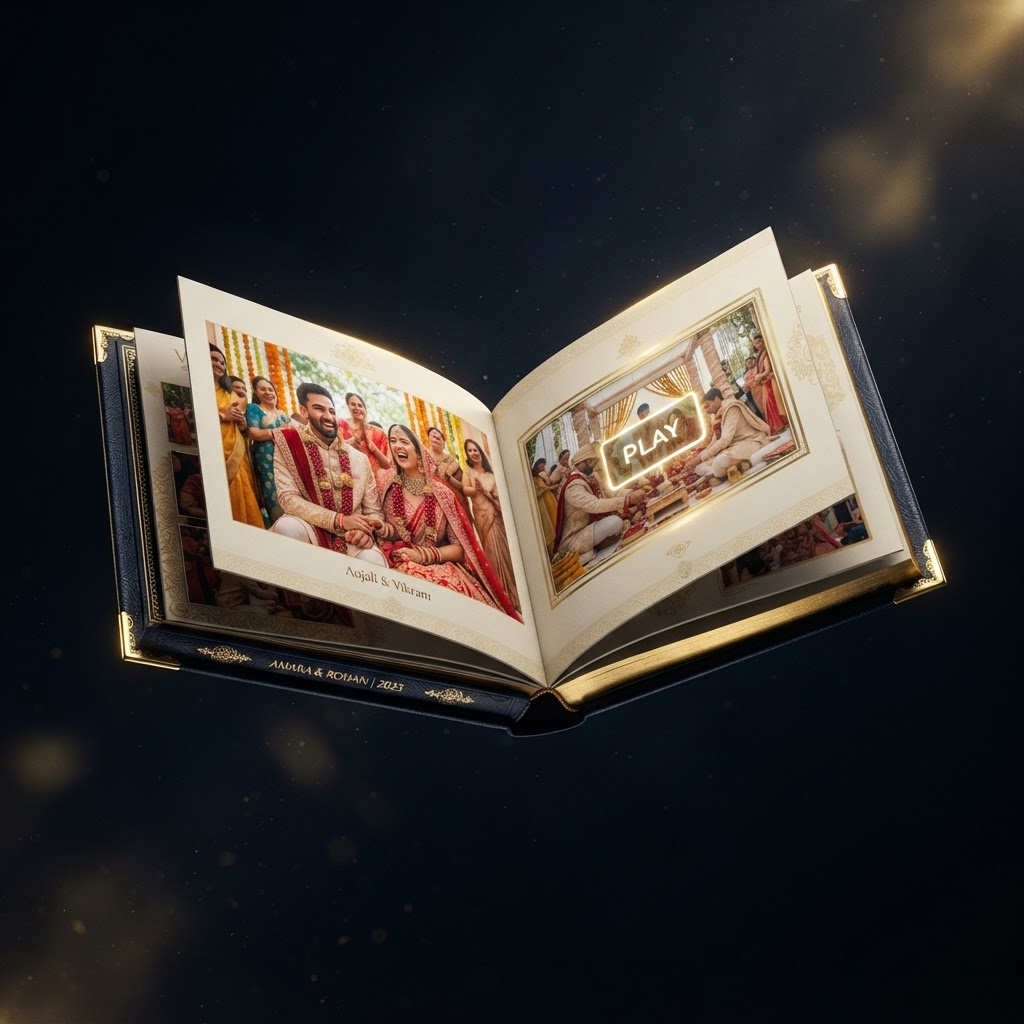 Open 3D flip album with a video playing inside a photo frame
